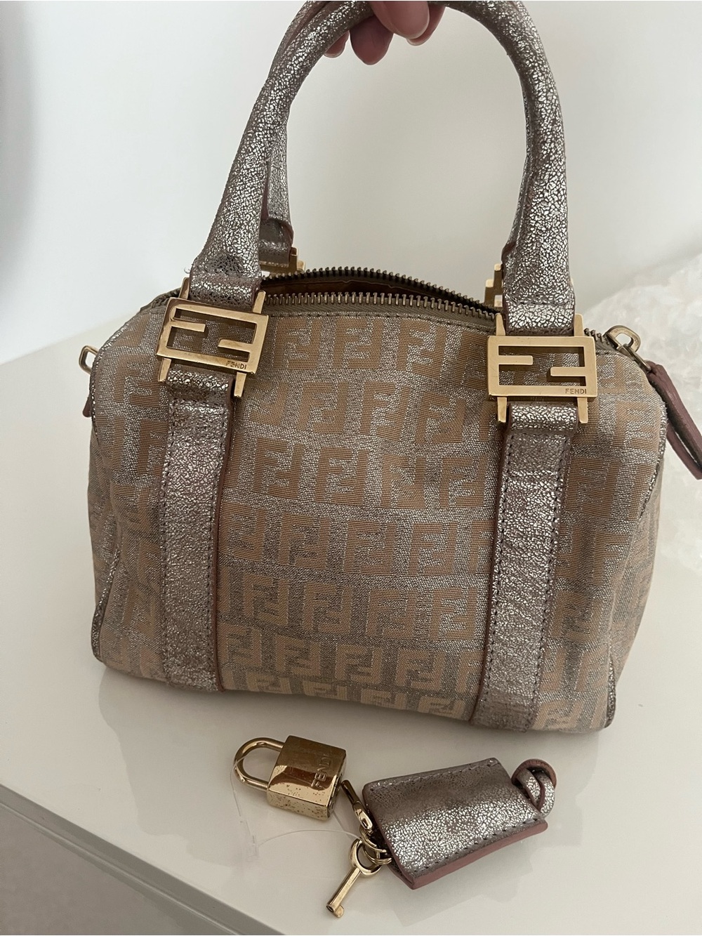 Fendi Small Boston Metallic Monogram Handbag